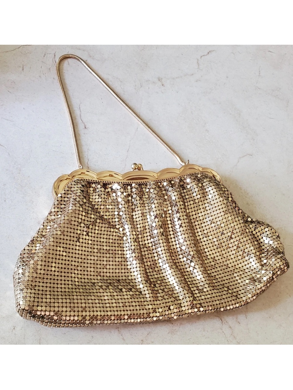 Vintage WHITING & DAVIS Gold Mesh Evening Bag - Kiss Lock Closure